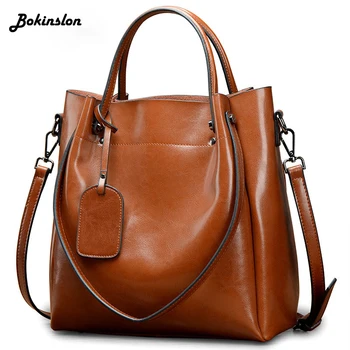

Bokinslon Split Leather Shoulder Messenger Handbag Bag Female Large Wax Cowhide Fashion Women's Bag