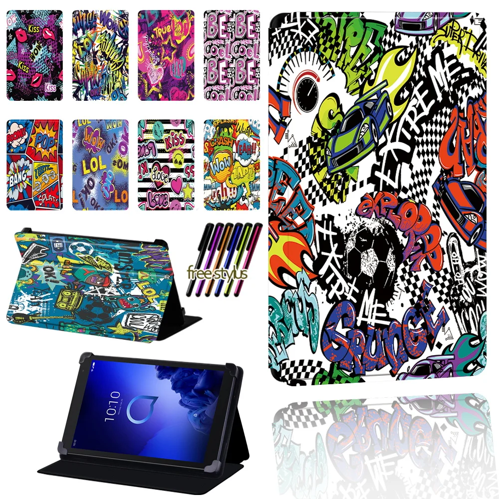 

Graffiti Art Pattern Tablet Case for Alcatel 1T 7 10/3T 8 10/A3 10 Foldable Anti-fall Protective Case Cover + Pen