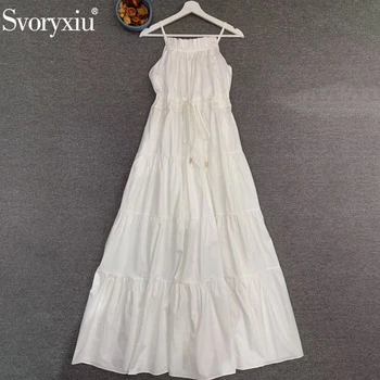 

Svoryxiu Runway Designer Summer Women Solid High End Party Spaghetti Strap Dresses Ladies Ruched Belted High Street Long Dresses