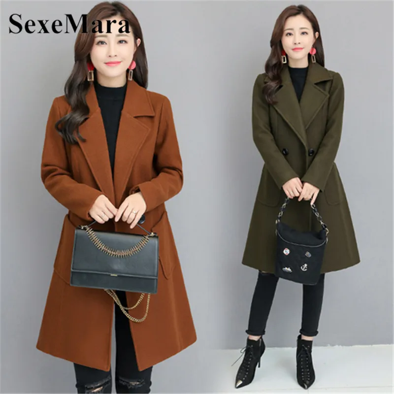 

autumn and winter clothing new Korean version of the long paragraph large size woolen coat lapel slim Slim thin woolen coat fema