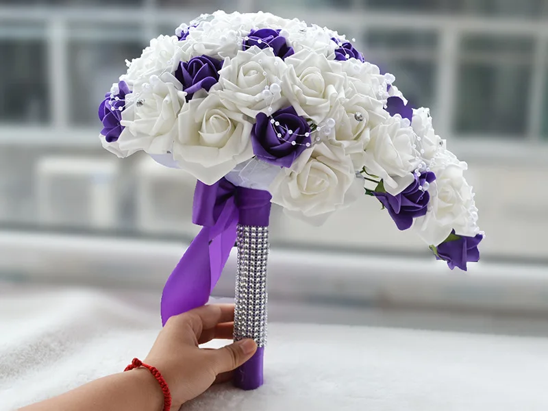 Waterfall Purple Wedding Flowers Bridal Bouquets Artificial Pearls Crystal Wedding Bouquets Bouquet De Mariage Rose