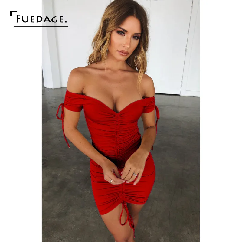 Красное однотонное мини платье Fuedage с рюшами и кулиской женское сексуальное