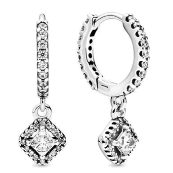 

Authentic 925 Sterling Silver Earring Square Sparkle Hoop Earring With Crystal For Women Wedding Gift Fine Pandora Jewelry