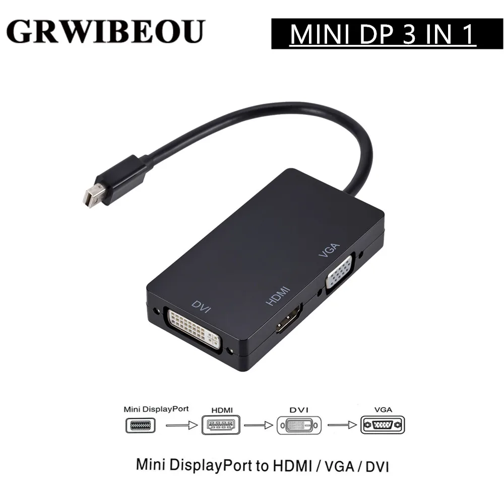 Кабель-адаптер Grwibeou 3 в 1 Mini DP для порта дисплея HDMI/DVI/VGA конвертера Apple MacBook Air Pro MDP |