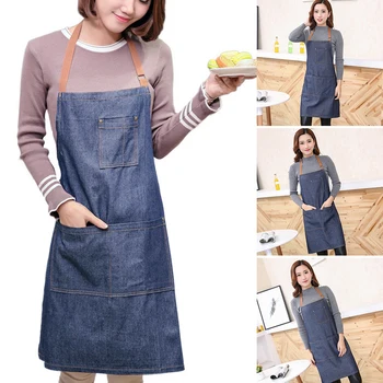 

Convenient Unisex Adult Solid Jeans Pockets Apron Cooking Distressed Pinafores