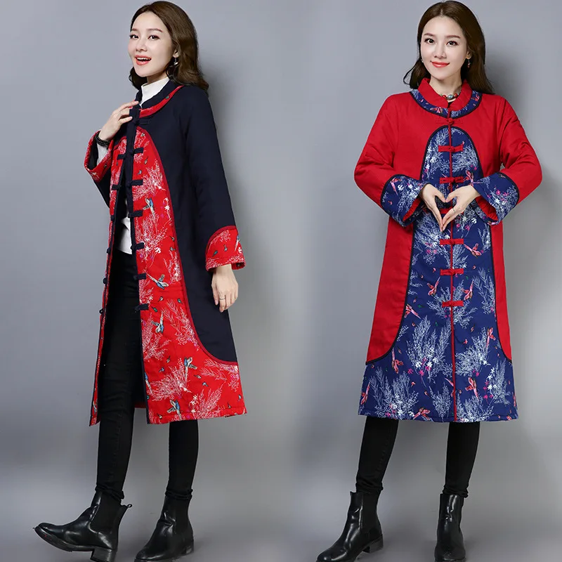 

2018 Ethnic-Style Autumn And Winter Large Size Dress Retro Cotton-padded Jacket Women's Long Printed Long Sleeve Cotton-padded C