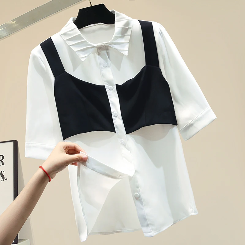 

Women's Short Sleeve Summer Shirt Office Lady All-match Shirt Lapel Blouse White Black Blouses Blusas Mujer De Moda 2020