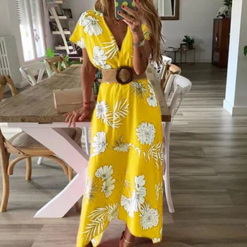 

V Neck Printing Summer Bohemian Beach Dress Casual Sashes Maxi Women Dresses Loose Summer Vestidos Verano Nice