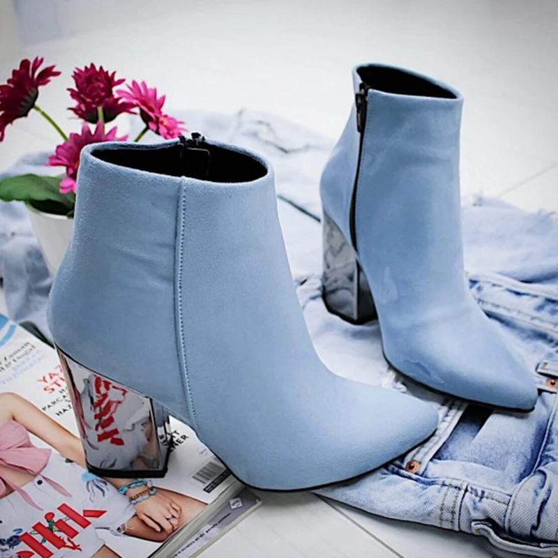 

Women Shoes Ankle Pumps Flock Toe Boots Solid Autumn Spring New High-heeled Shoes Botas Mujer Dropship