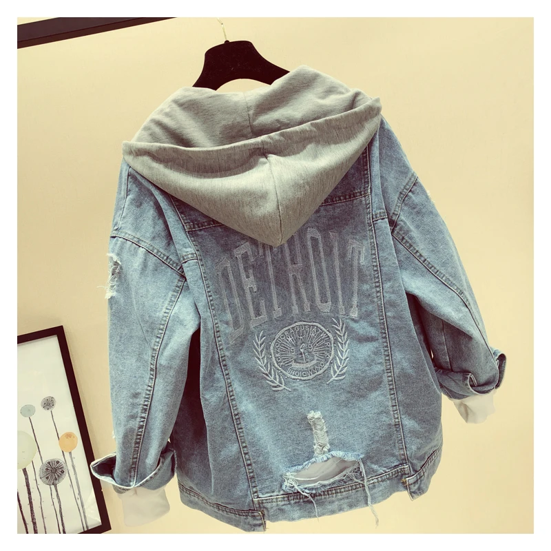 Best  MOSHENQI Denim Jacket Women Autumn Coat Ripped Hooded Outerwear Coats Windbreaker Basic Baggy Boyfr