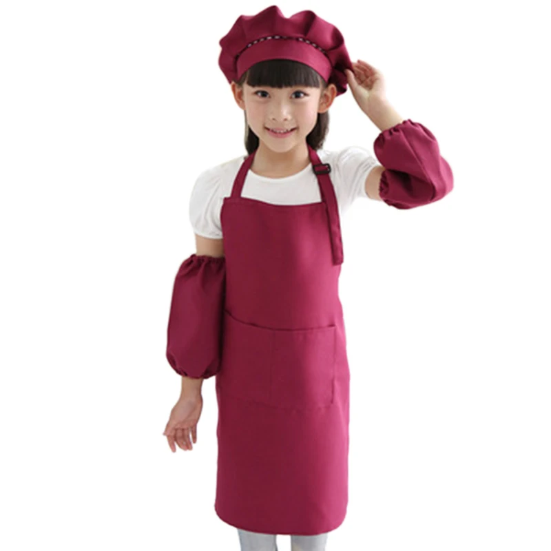

Kids Full Apron Bib Set with Pocket and Hat Sleeves Craft Kitchen Chef Cooking Art Children Diy Apparel Wine Red