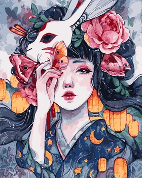 

Paint By Numbers DIY Beautiful Japanese Girl Oil Painting with Thin Frame for Adults Children Home Wall Art Decor
