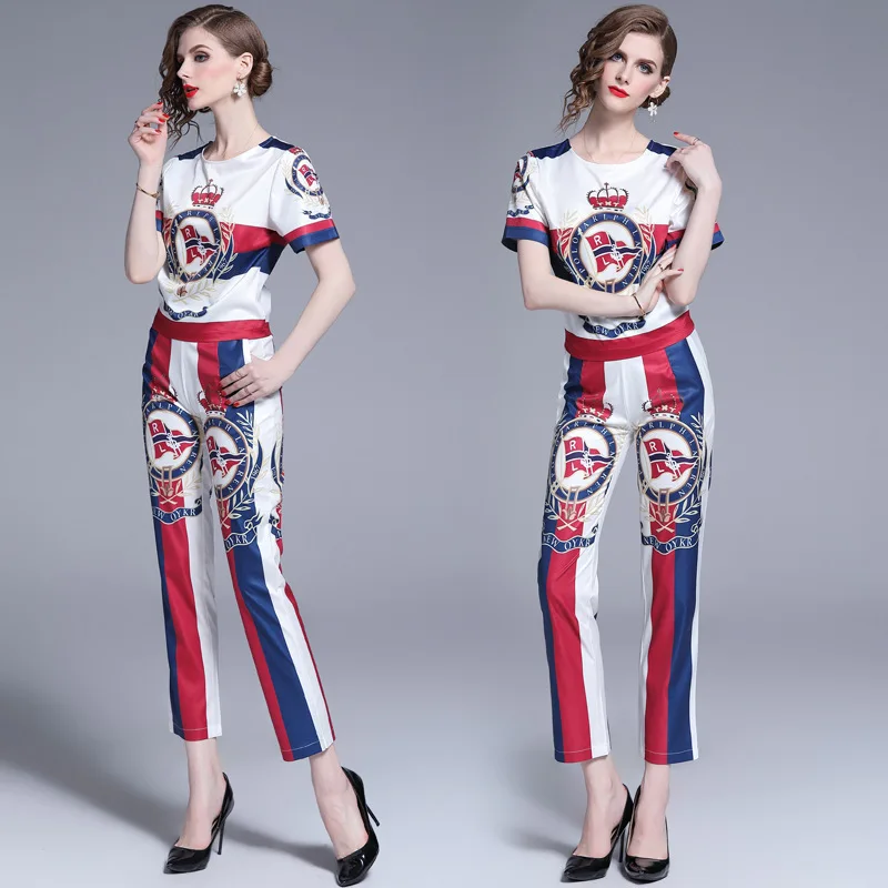 

Ozhouzhan 2019 New Style Fashion Elegant Summer Two-Piece Set Europe And America T-shirt + Capri Pants Printed Set [Photo Shoot