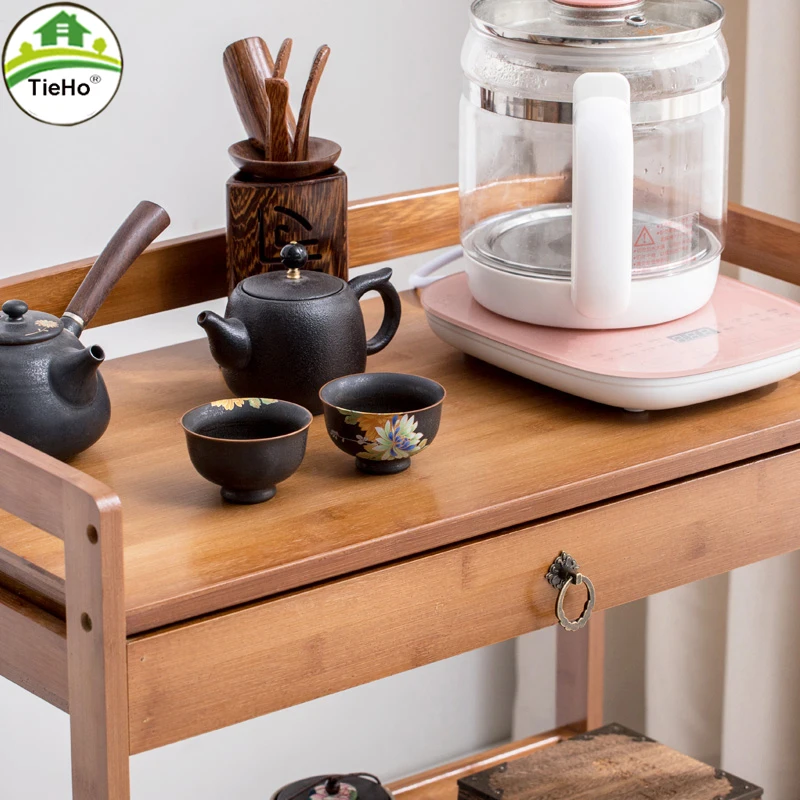 TieHo 3 Tier Bamboo Shelf Serving Table with Wheels Drawer Kitchen Storage Cart Bar Cart Chinese Wine Tea Island Trolley