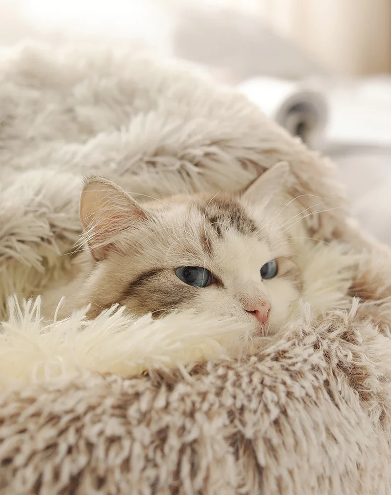 Winter Cat Bed Long Plush Pet Cat Cushion Warm Sleep Bag Bed Round Half-Pack Cat Basket Lounger Nest For Small Medium Large Dog