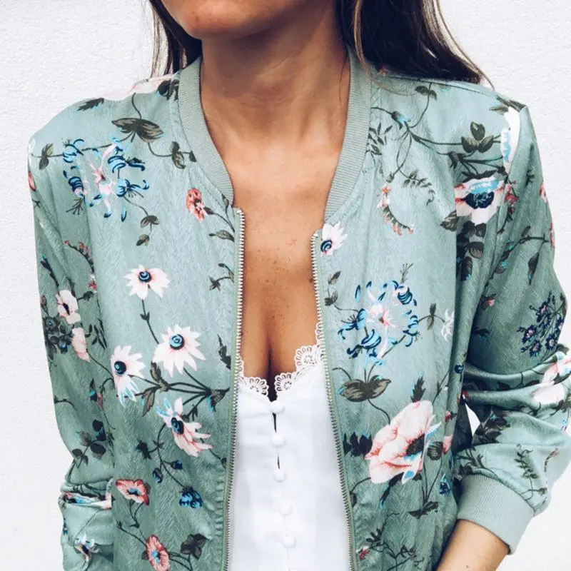 amazing  Women Plus Size Autumn Long Sleeve Baseball Coat Vintage Floral Printed Stand Collar Bomber Jacket 
