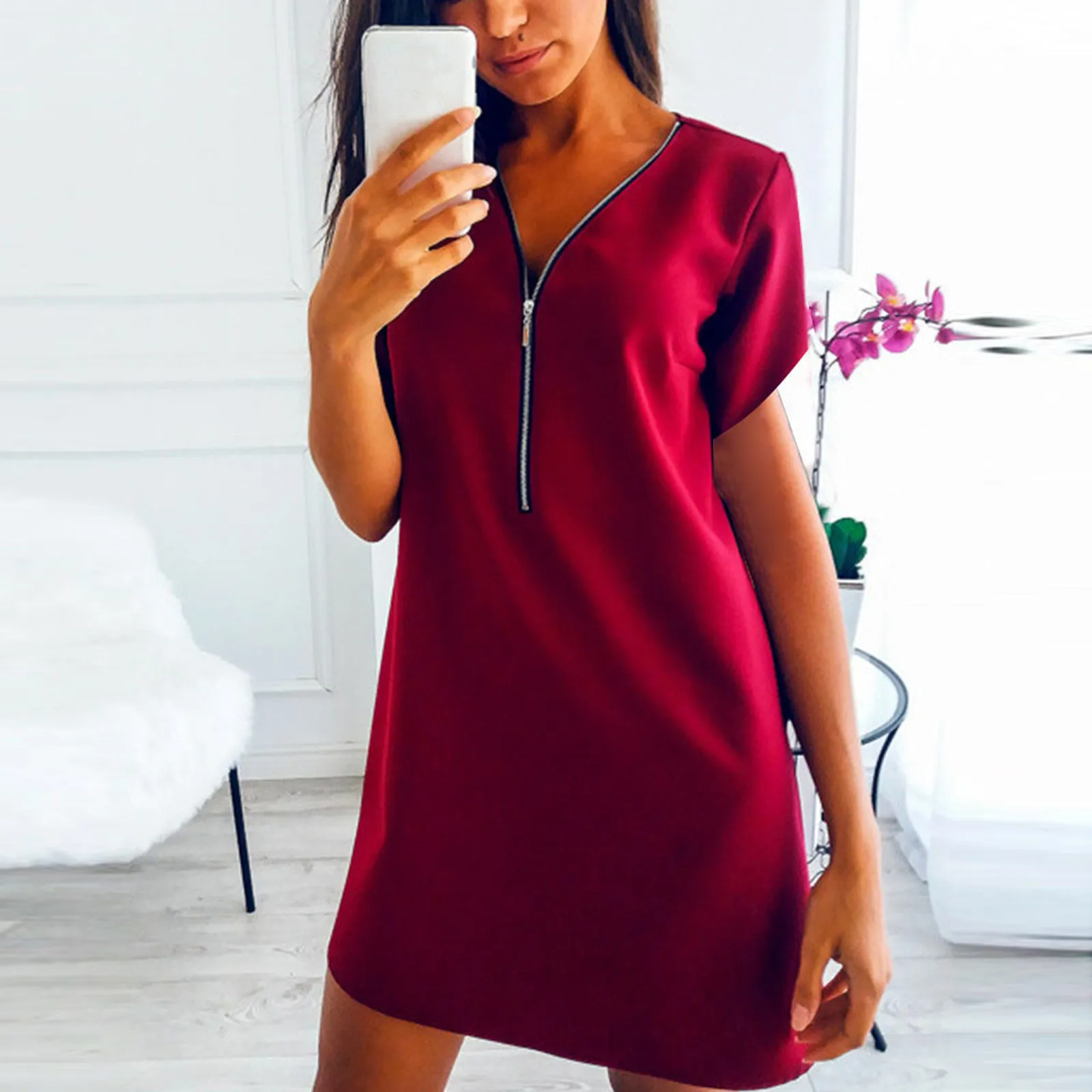 2021 Women's Summer Casual Dress Fashion Solid Short Sleeve Patchwork Dresses Zipper V-Neck Knee-Length Dress Vestido Mujer 2