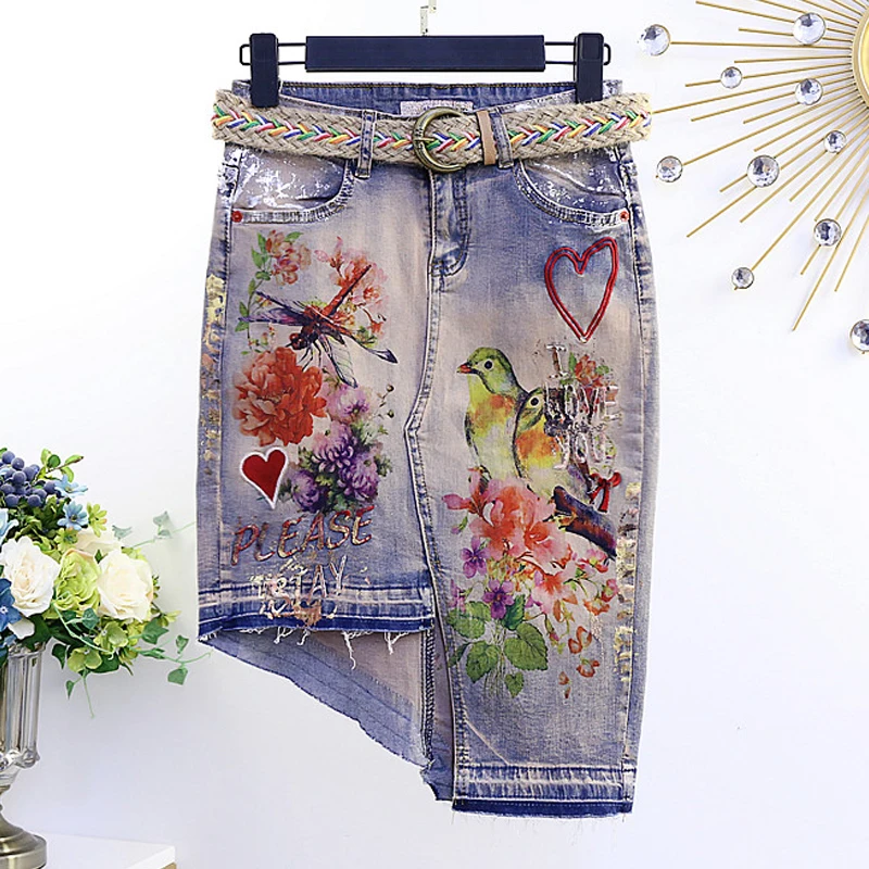 

VERDEJULIAY Runway Jeans Skirt Women 2020 Spring Summer High Quality Flower Print Beading Letter Print Diamonds Irregular Skirt