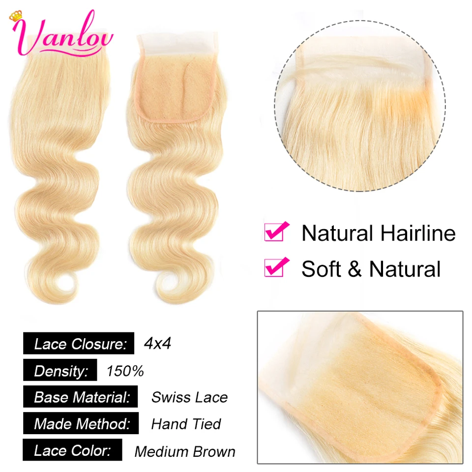 Vanlov Brazilian Body Wave 613 Blonde Lace Closure 4x4 Human Hair Closure With Baby Hair Remy Hair Extensions Free Part (4)