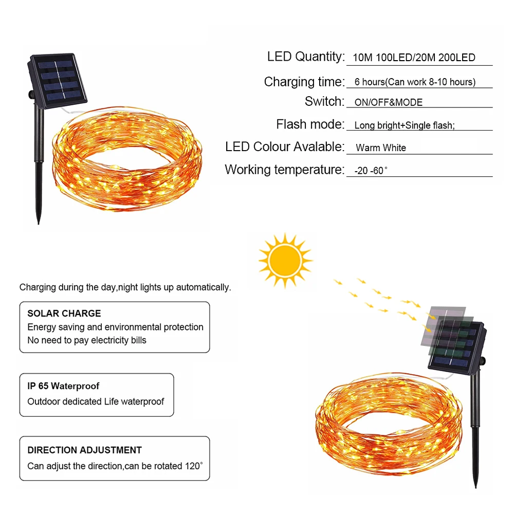 10 м 20 м Солнечный светодиодный светильник, медный провод, Ночной светильник, солнечная гирлянда, 100 светодиодный Сказочный светильник, уличный гирлянда, рождественское свадебное украшение