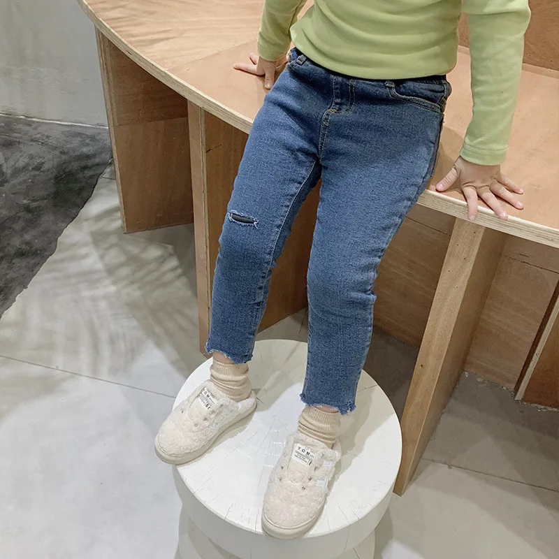 New Stylish Girls Boys Denim Thicken Pants Cotton Autumn Winter Kids Girls Jean Pants 2-7 years