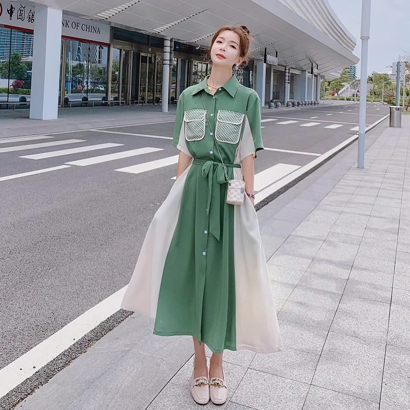

Short Sleeve Lapel Shirt Dresses for Women 2021 Summer Elegant Fashion Splice Korean Loose Single Breasted Long Bandage Dress