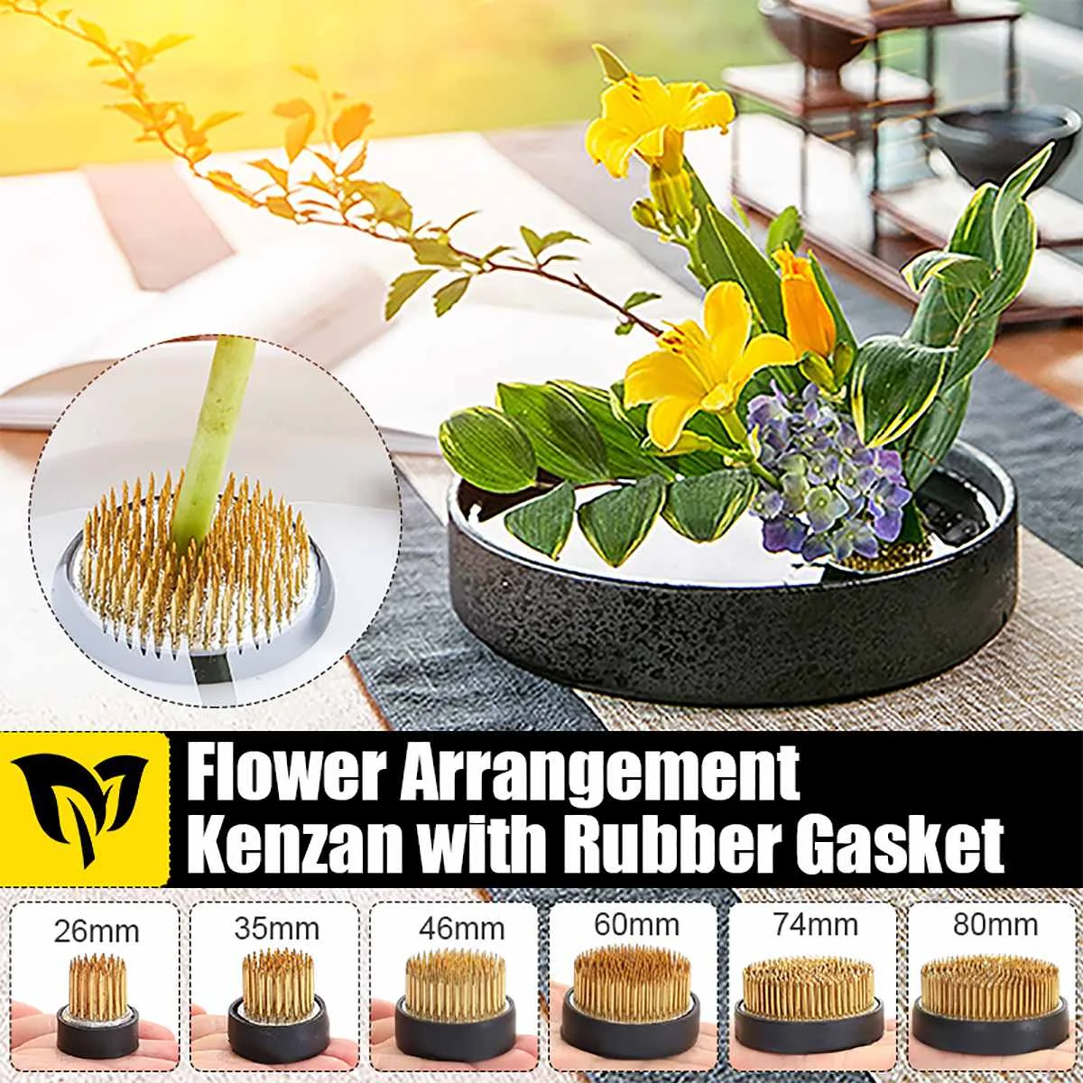 Round Ikebana Kenzan Flower Frog with Rubber Gasket Art Fixed Arranging Tools