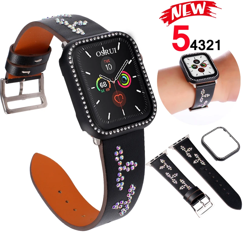 Ремешок для Apple watch band 5, 4, 44 мм, 40 мм, натуральная кожа, один тур, correa+ Алмазный чехол iwatch series 3, 2, 42 мм, 38 мм, ремешок