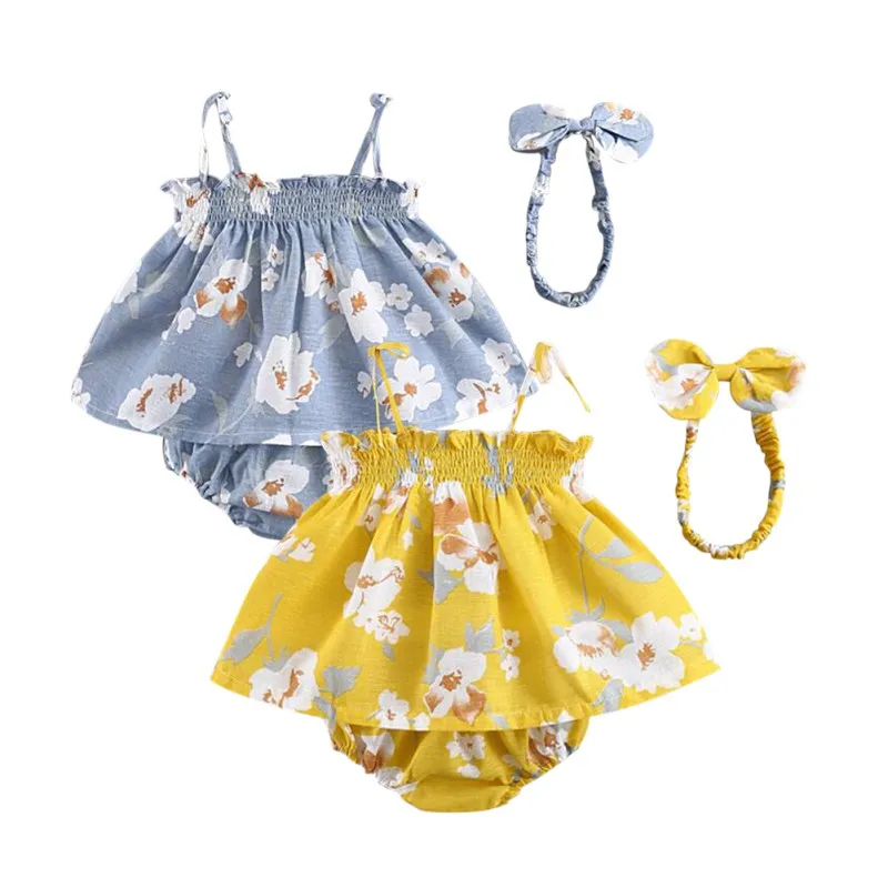 

Summer Baby Girl Outfits Set Flower Printed Sleeveless Top T-shirt Shorts Headband 3 Pcs Infant Clothes #E