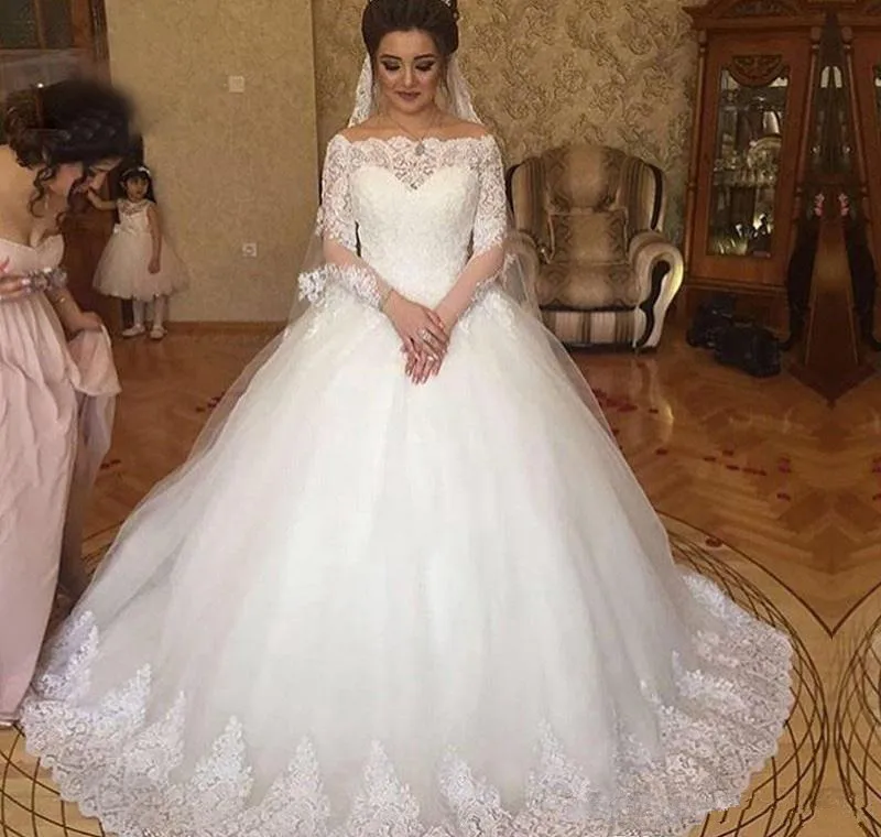 

Sexy Ball Gown Wedding Dresses 2020 Long Sleeve Sheer Illusion Chapel Train Church Custom Lace Applique Bridal Gowns