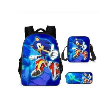 

16 Inch Cartoon Sonic Printing Boys Girls School Backpack 3 Pcs School Bag Children Mochilas Escolares Bolsa Freeship