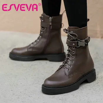 

ESVEVA 2021 Soft Cow Leather Ankle Boots Autumn Classic Winter Zipper Lace Up Ladies Square Heel Elegant Women Shoes Size 34-39