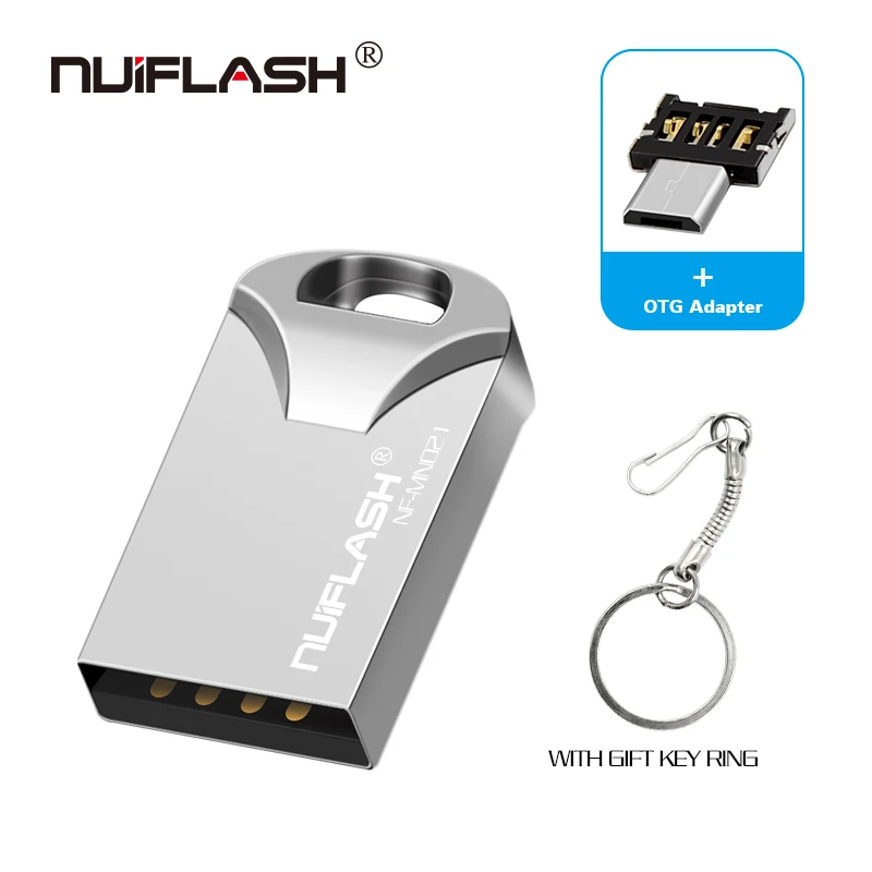 silver-otg Nuiflash, мини флешка, 64 ГБ, Usb флеш-накопитель, 32 ГБ, USB2.0, флешка, 16 ГБ, 8 ГБ, 4 Гб, флешка, 128 ГБ, с подарочным кольцом, новейший u-диск - Цвет: silver-otg