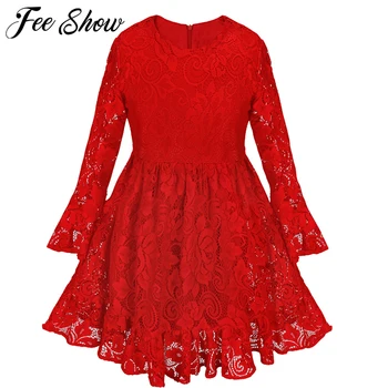 

Autumn Long Sleeve Lace Flower Girl Dress Red Kids Dresses Princess Girls Birthday Party Dress Pageant Wedding Baby Girl Clothes
