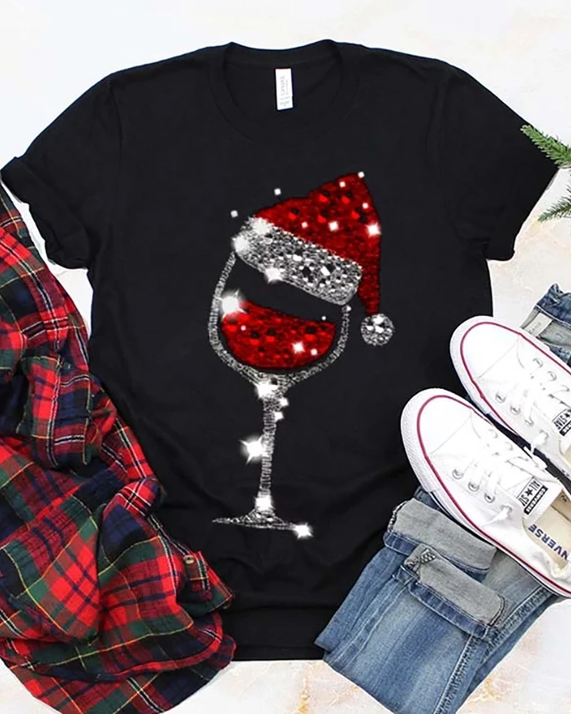 New Casual Tshirts Tee Tops Short Sleeve T-shirt Christmas hatPrint Wine Glass Print Plus Size 3XL 2XLCasual T-shirt