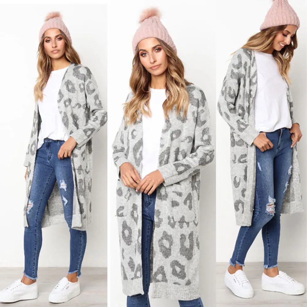 Leopard Print Knee Length Warm Loose Knitted Outwear Fashion Pocket Long Sleeve Casual Soft Polyester Women Sweater Cardigans - Цвет: Grey