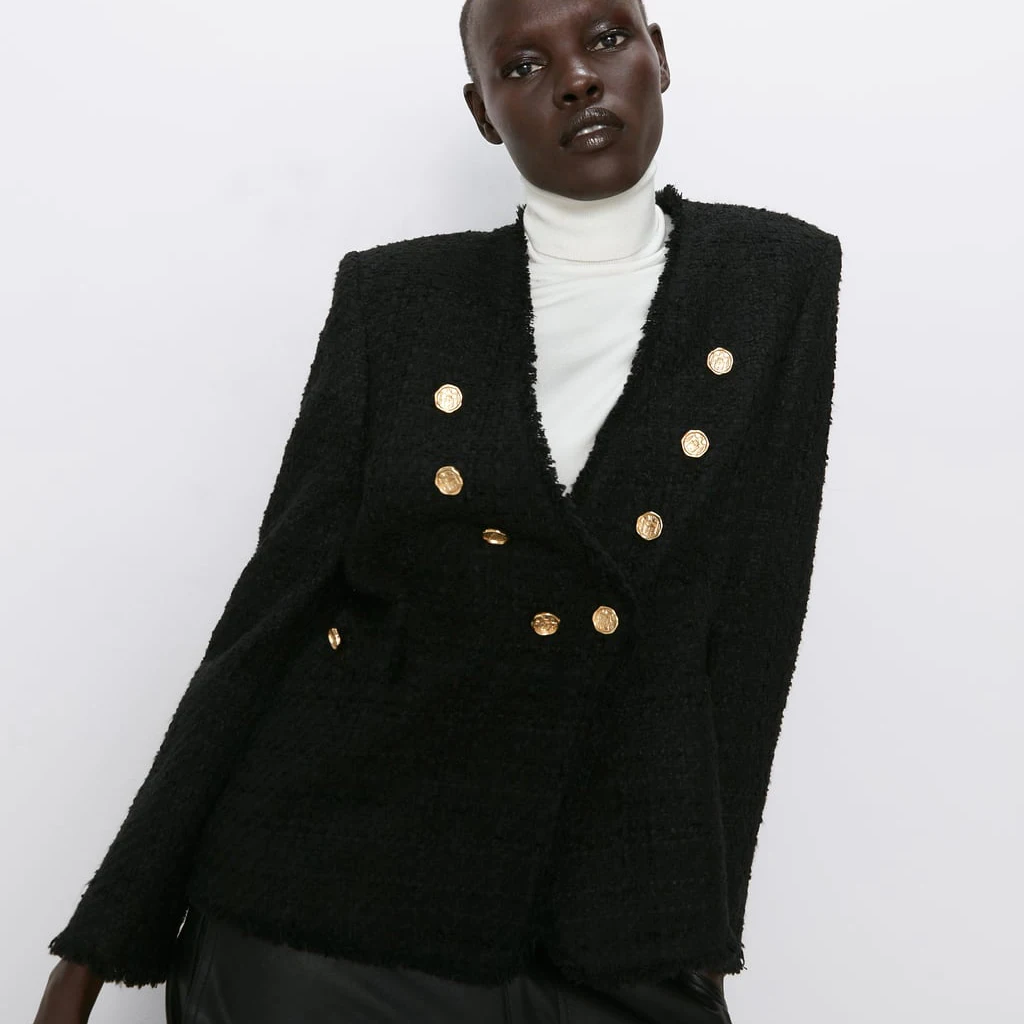 ZA черный модный винтажный пиджак на пуговицах женская осенняя одежда трендовая однотонная Офисная Женская Повседневная куртка