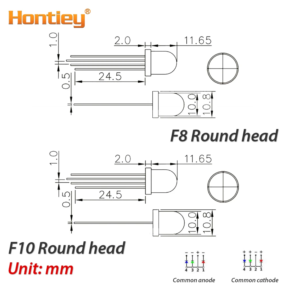 Hontiey 10 шт. светодиодный общий катод, Анод RGB 5 мм 8 мм 10 мм диодный светильник красный синий зеленый рассеянный прозрачный светильник из бисера