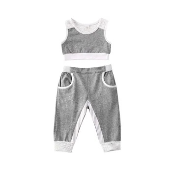 

Summer Causal Infant Kids Girls Clothes Sets Sleeveless Solid Vest vrop Tops Long Pants Grey Sports Outfits tracksuit 1-5Y