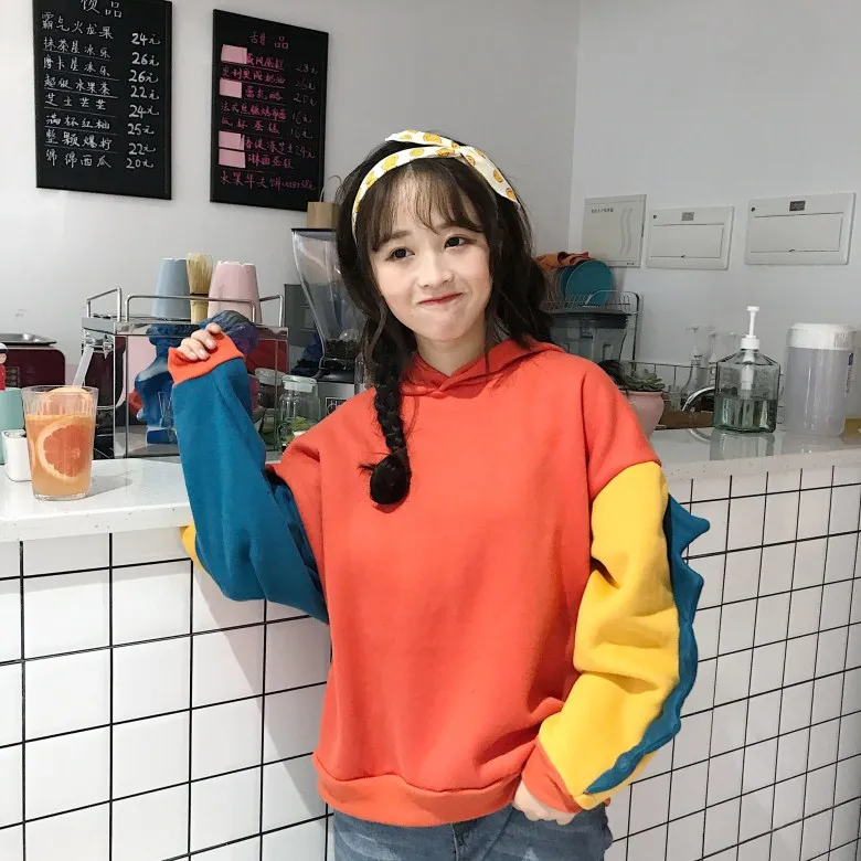 Aulead, с капюшоном, в стиле «пэчворк» зимняя Милая Harajuku Kawaii Толстовка Для женщин негабаритных кофты элегантный дизайн Топ пуловер спортивный костюм 5c