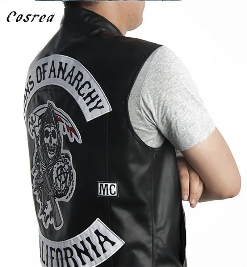 Cosrea Sons of Anarchy, карнавальный костюм, мужской жилет, кожаная куртка, осенние мужские мотоциклетные куртки, черная куртка без рукавов в стиле панк