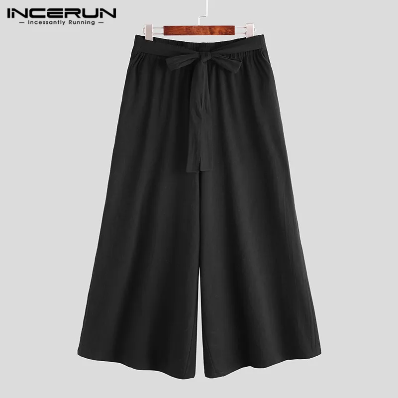 Vintage Men Wide Leg Pants Streetwear Lace Up Joggers Cotton Solid Baggy Casual Trousers Men Long Pants Plus Size wide leg pants