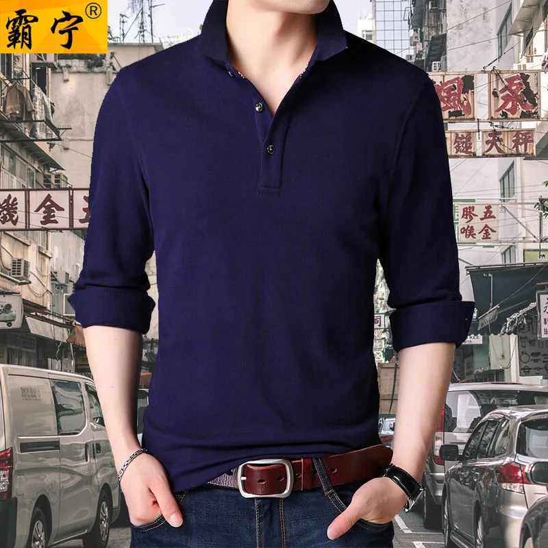 

Autumn Middle-aged MEN'S Long-sleeved T-shirt Cotton Loose-Fit Plus-sized Middle Aged And Elderly People Dad with Collar Cotton