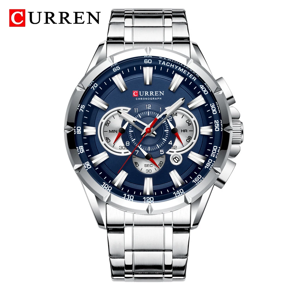 Silver Blue CURREN New Mens Watches Fashion Stainless Steel Sport Quartz Watch Men Luxury Brand Chronograph Military Waterproof Wristwatch - Цвет: Silver Blue