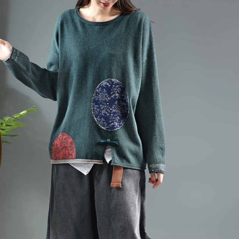 Осенне-зимний женский свитер, вязанные свободные пуловеры в стиле ретро, новинка, женские топы с круглым вырезом и геометрическим узором, универсальный свитер - Цвет: Зеленый