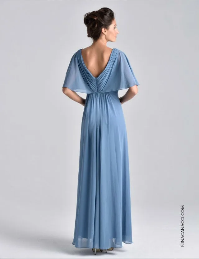 Новая мода vestido de madrinha festa сексуальное голубое шифоновое недорогое Элегантное Длинное Платье с v-образным вырезом и рукавами-крылышками для матери невесты