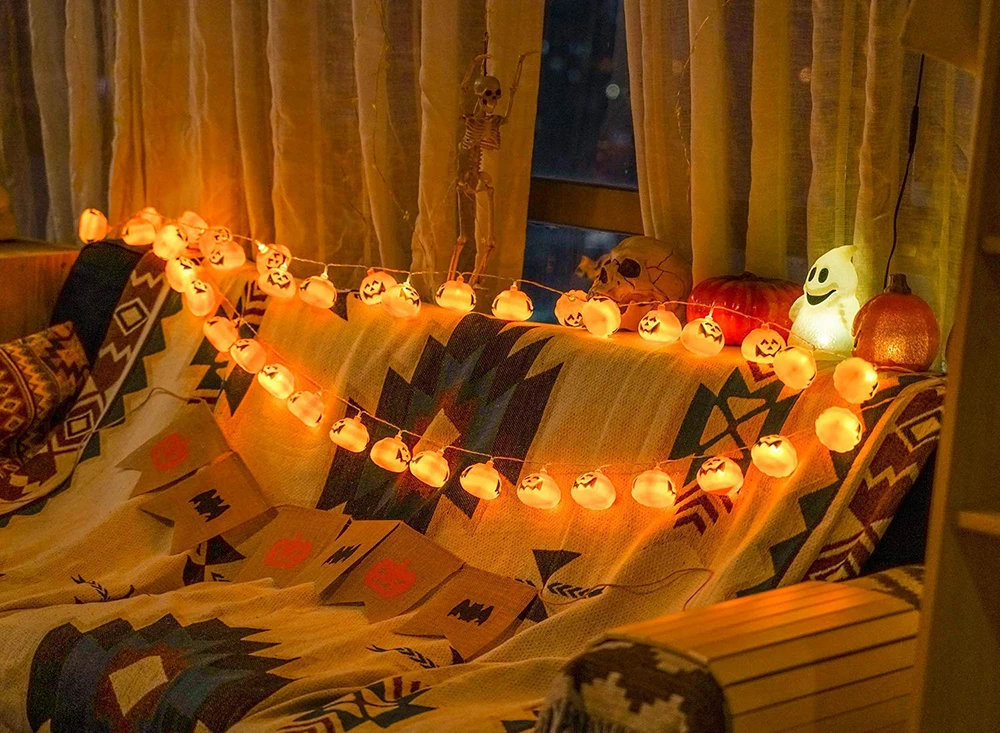 LED Skull e Pumpkin Curtain String Lights,