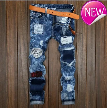 

Street Mens High Distressed Jeans Letter Embroidery Patchwork Fashion Ripped Denim Slim Fit Trousers Patches Badge Snow Wash
