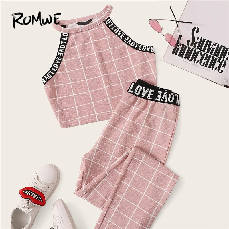 

Romwe Sport Sleeveless Letter Tape Grid Textured Halter Top And Leggings Set Women Jogging Sets Autumn Workout Running Suit