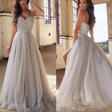 Vestidos De Festa спагетти Милая бисером сексуальная молния сзади Выпускные платья Длинные Сторона Сплит Тюль Линия формальное платье